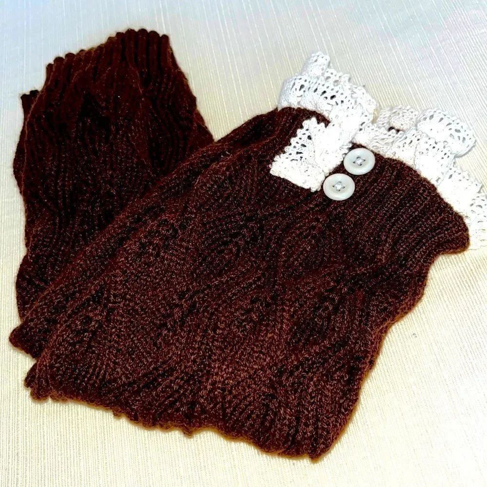 Boot Socks Brown and Cream Cozy Soft & Warm with Ruffle & Button Detail